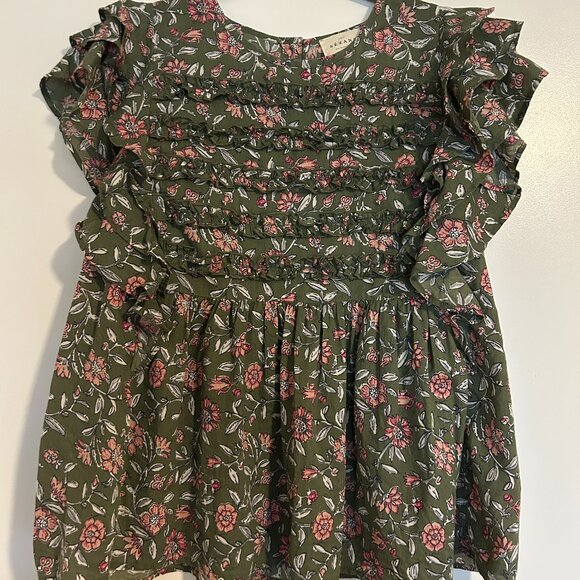 Sezane Melia Blouse - Size EU 40 (US 8), Olive Floral with Ruffles - Picture 3 of 7